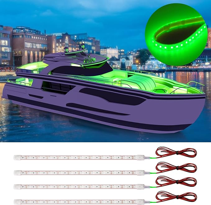 Boat Led Strip Light,12V Waterproof Marine Boat Interior Courtesy Deck Navigation Lights Cuttable for Car Motorcycle RV Truck Trailer Kayak Home with Strong Nano Tape Green,12inch (Pack of 4)