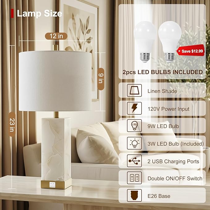 Scenekoy 23" Alabaster Table Lamps Set of 2 for Living Room Bedroom, Bedside Lamps with USB A+C Ports, Modern Table Lamp with Linen Shade for Living Room Bedroom Nightstand (Bulbs Included)