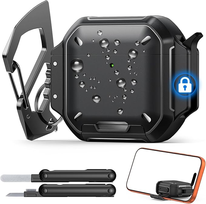 MoKo for AirPods 4th Case with Lock - IP68 Waterproof & Military-Grade Protection, Drop-Proof Hard Shell Protective Earpods 4 Cover with Keychain, Cleaner Kit & Phone Stand, Black
