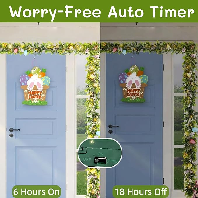 Easter Garland Decorations-6FT Spring Floral Egg Garland with Eucalyptus Leaf Flower,Battery Operated with Timer for Mantle Fireplace Door Home Office