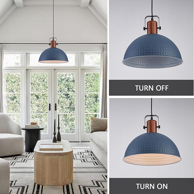12 Inch Blue Pendant Lights Hammered Matte Pendant Lights for Kitchen Island Industrial Farmhouse Adjustable Height Dome Hanging Light Fixtures for Barn, Dining Room 2 Packs
