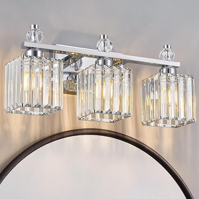Bathroom Vanity Lights 3-Light Modern Crystal Vanity Light Chrome Bathroom Light Fixtures Over Mirror Crystal Bathroom Vanity Lighting Fixtures