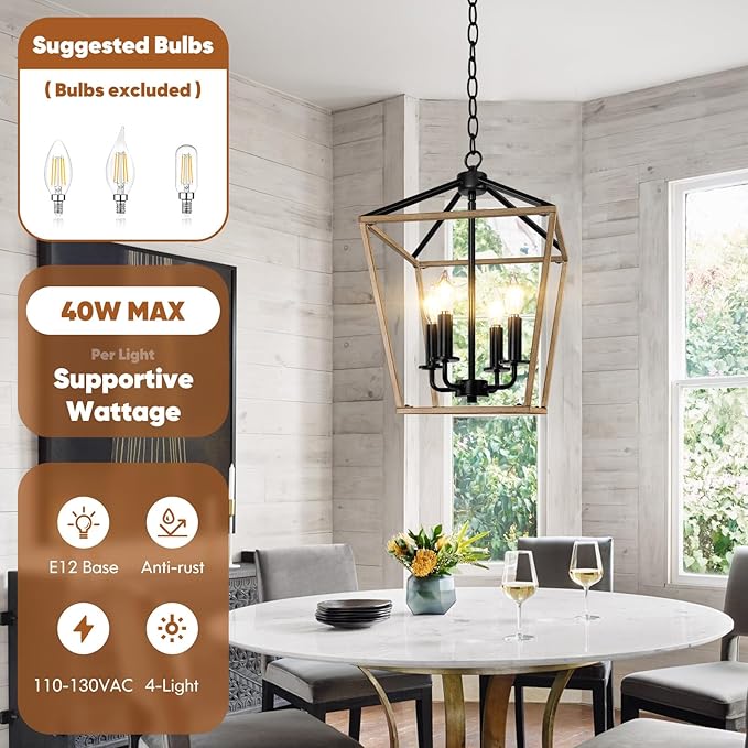 Farmhouse Chandelier 4-Light, Oak Wood Pendant Light Fixture for Kitchen Island Dining Room, Lantern Industrial Lighting Ceiling Hanging with Metal Cage Adjustable Height for Entryway Foyer
