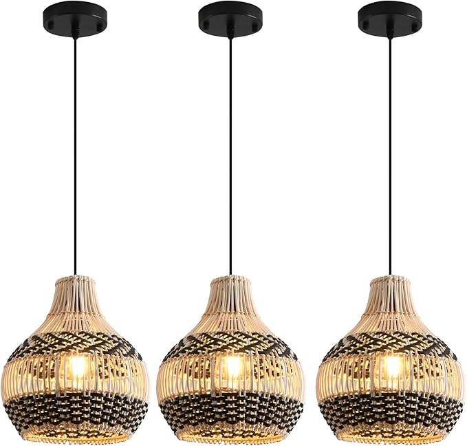 3-Pack Rattan Pendant Light,11" Hand-Woven Black Faux Boho Wicker Pendant Light Mini Rattan Hanging Light Fixture Farmhouse Woven Chandelier for Kitchen Island Bedroom Dining Room
