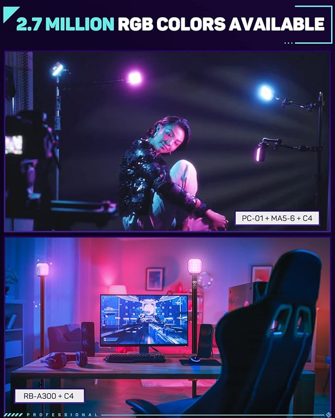 IFOOTAGE RGBW Video Light, Portable RGB Camera Light, 2700K-10000K/CRI 95+/120 mins Battery Life/Rechargeble/APP Control/Magnetic, Camera LED Light for Vlogging/Live Streaming/Photography, C4 Purple