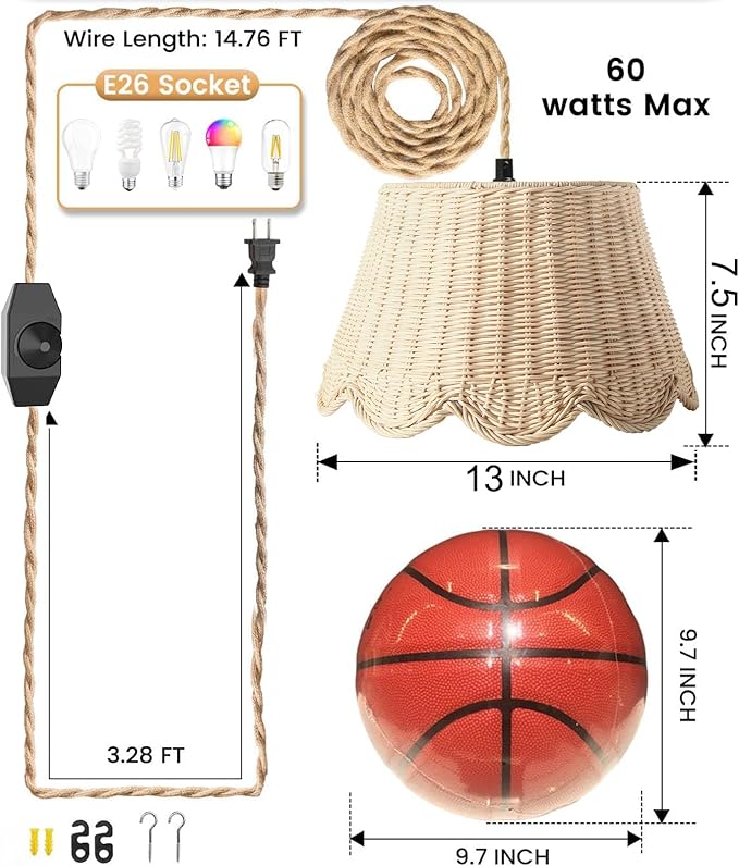 Plug in Scalloped Pendant Light, Rattan Hanging Lights with Plug in Cord 15FT Hemp Rope Cord, Dimmable Switch – Indoor Hanging Lamps for Boho Living Room Bedroom（Bulb Included） (Natural)
