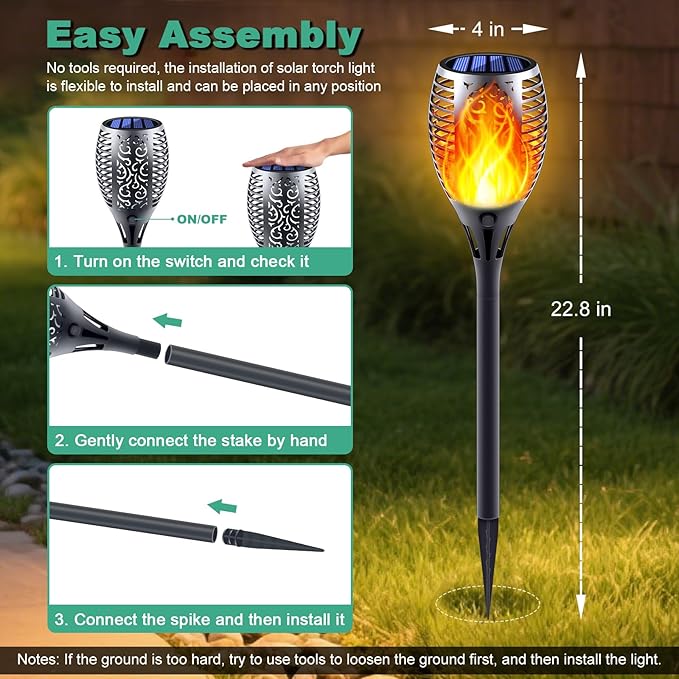 Solar Torch Light with Flickering Flame, 6 Pack Dancing Flame Torches for Patio, Auto On/Off Dust to Dawn Waterproof Outdoor Solar Lights for Garden Halloween Decorations