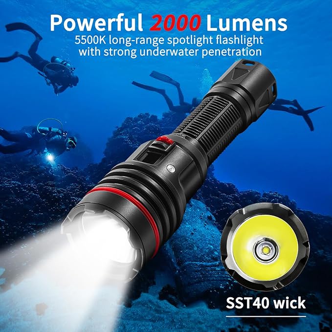 S16 2000 Lumens Diving Light with Stepless dimming - Super Bright Underwater Flashlight, USB-C Charging, IP68 Waterproof 328FT Dive Torch for Scuba Diving & Night Diving