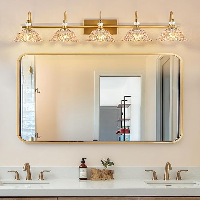 Vintage Bathroom Vanity Light, 5-Light Matte Brass Finish Vanity Light with Floral Amber Glass Shades, Retro Wall Mount Lighting for Bathroom, Living Room