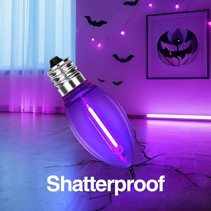 25 Pack C7 Replacement Bulbs, Dark Purple LED Halloween Light Bulbs, E12 Candelabra Base for Christmas Thanksgiving Xmas Tree Holiday Patio Outdoor String Lights Decor
