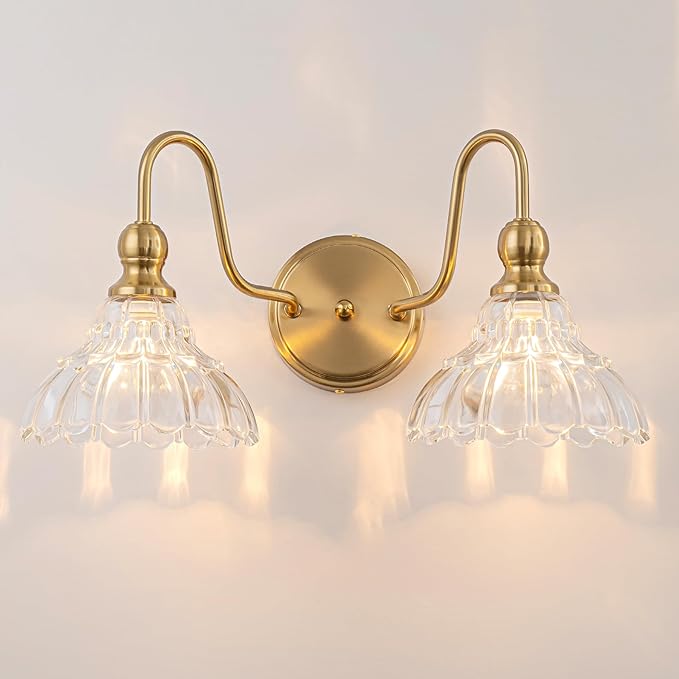 Vintage Bathroom Light Fixtures Over Mirror, 2-Light Brass Wall Sconce Lighting with Flower Glass Shade, Farmhouse Vanity Lights for Bedroom Kitchen Living Room Hallway Light