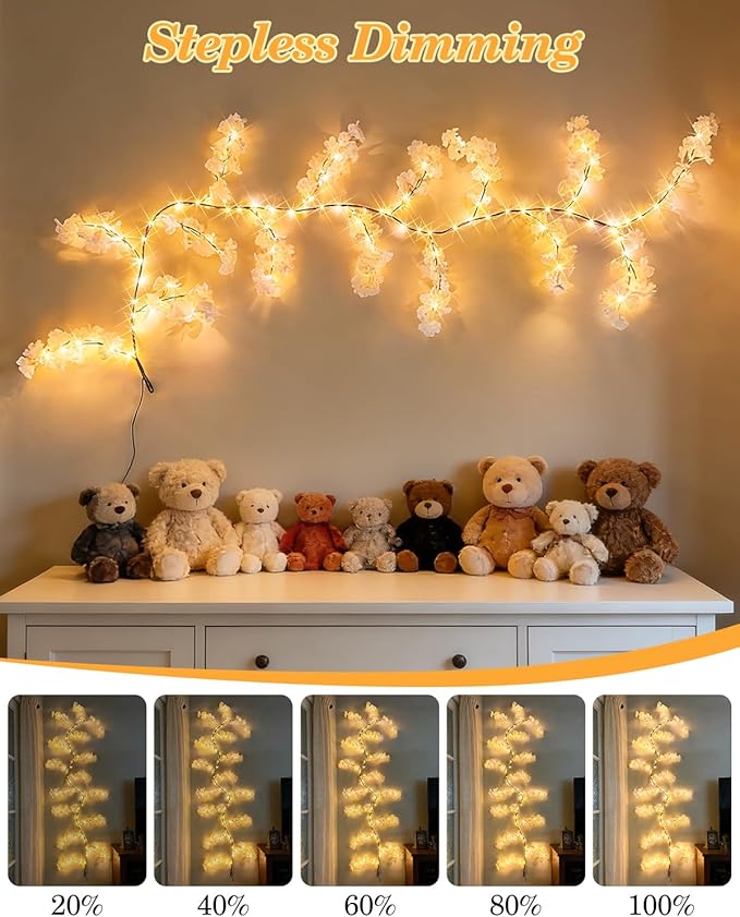 GOESWELL Cherry Blossom Tree Lights for Wall: 7.9FT Lighted Garland for Room and Home Decor - Plug or Battery Operated Artificial Flower Vines for Mantle Fireplace Wedding Party Indoor Outdoor