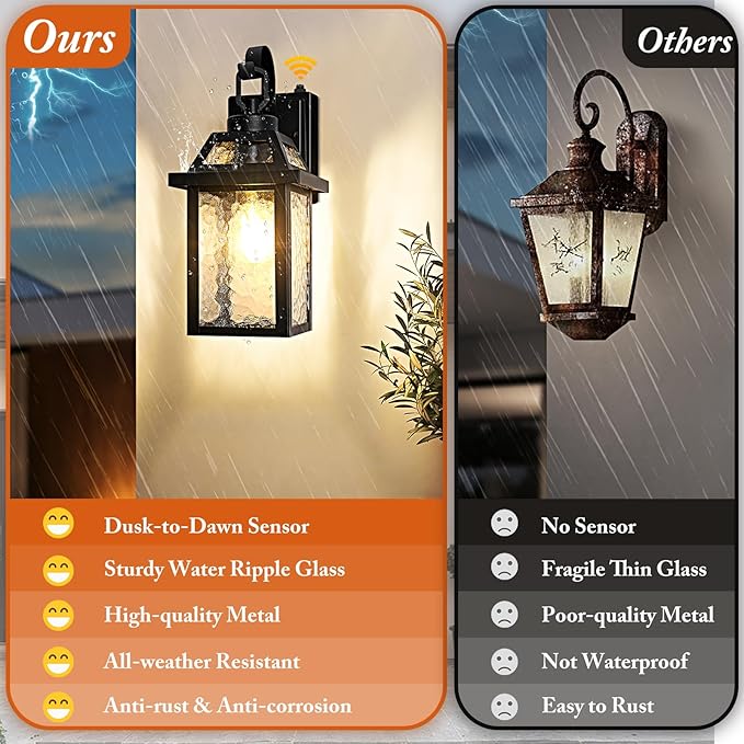 BesLowe Dusk to Dawn Outdoor Wall Lights, Exterior Lighting Fixtures Wall Mount, Porch Lights Outdoor Wall Sconces with Water Ripple Glass, Outside Lights for House Front Door Garage, 2-Pack