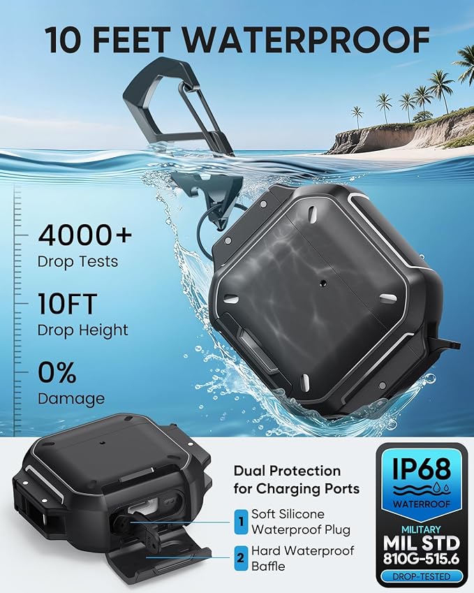 MoKo for AirPods 4th Case with Lock - IP68 Waterproof & Military-Grade Protection, Drop-Proof Hard Shell Protective Earpods 4 Cover with Keychain, Cleaner Kit & Phone Stand, Black