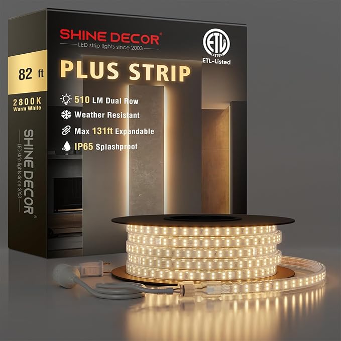 Shine Decor Plus LED Strip Lights AC 120V, Connectable Double Row Bright Rope Light, ETL IP65 Waterproof & Weather-Resistant for Accent Lighting, 7x17mm, 2800K Warm White, 82FT