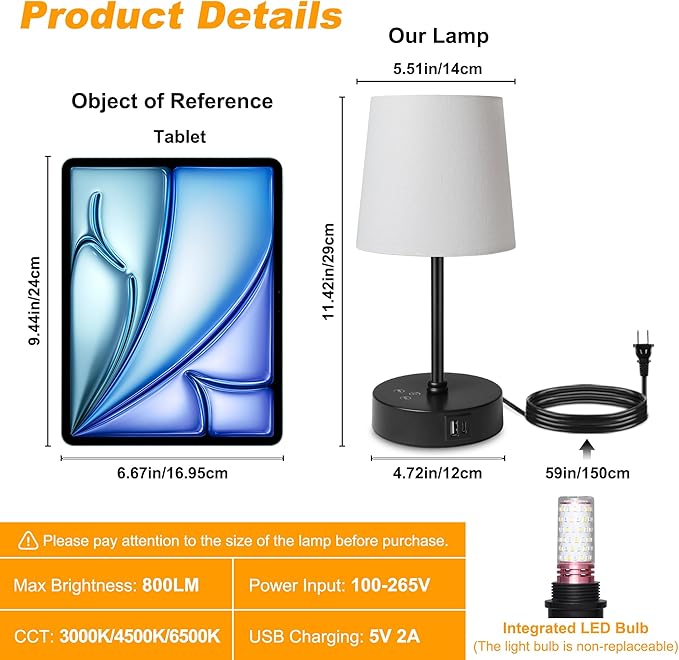 Ascher Small Bedside Table lamp, RGB Color Changing Lamps, 3 Color Temperatures, Dimmable Nightstand Lamp with USB C+A Ports, Touch Desk Lamp for Bedroom Living Room, H11.4in(White Shade)