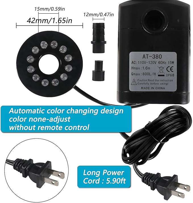 15W 220 GPH Submersible Fountain Water Pump Ultra Quiet Adjustable Pump (800L/H) with 12 Colorful Automatic Color Changing LED Lights for Water Feature Aquarium fish tanks Outdoor Fountain