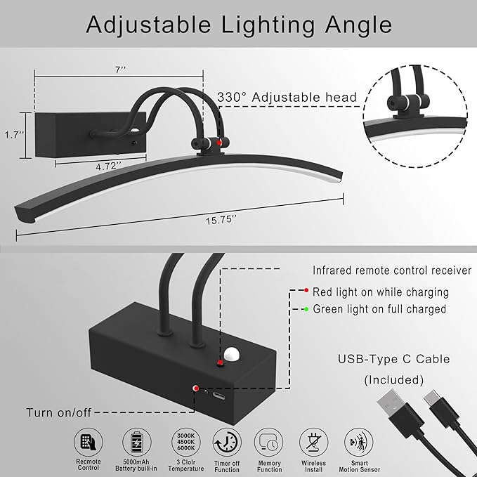 PAIHOME Lights for Pictures on Wall, Rechargeable Magnetic Picture Light with Smart Motion Sensor, Remote Dimmable & Timer, ‌16in Wireless Black Art Lighting for Paintings Gallery Portraits