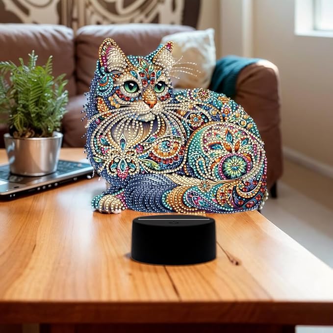 Gorgeous Cat Diamond Art Painting Night Light,Diamond Art Painting Kits Desktop Touch Lamp Ornaments for Tabletop Decor Diamond Art Accessories for Adult Beginner Bedrooms Living Room