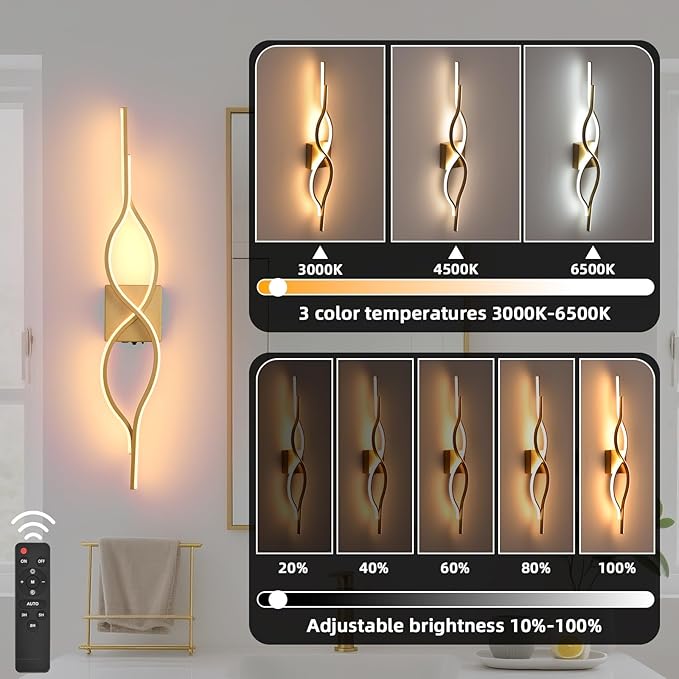 Battery Operated Wall Sconces Set of 2, Gold 31.4'' LED Dimmable Wall Sconce with Remote Control, Adjustable Color Temperature Brightness for Living Room Bedroom and Hallway USB Rechargeable Lighting
