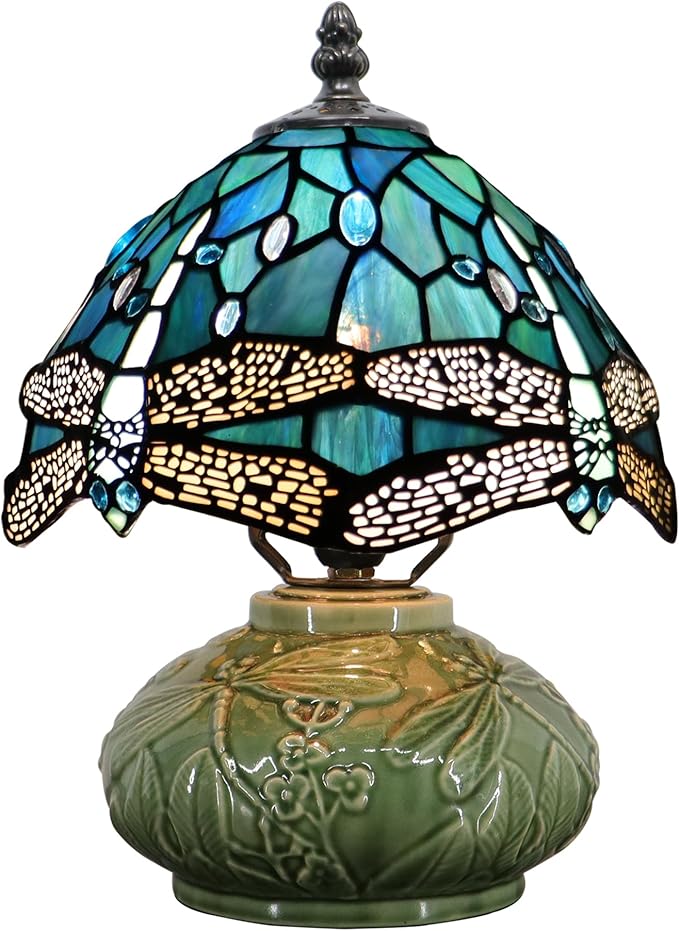 Small Stained Glas Lamp Mushroom Table Lamp, Mini Stained Glass Desk Light Memory Sympathy Ceramic lamp 8X11 Inch (Sea Blue Dragonfly Style)