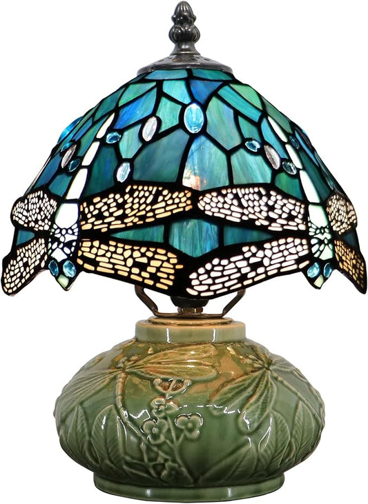 Small Stained Glas Lamp Mushroom Table Lamp, Mini Stained Glass Desk Light Memory Sympathy Ceramic lamp 8X11 Inch (Sea Blue Dragonfly Style)