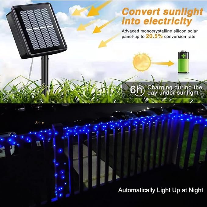 QITONG Blue Solar Christmas Lights, 4 Pack Each 33ft 100 LED Fairy Lights Outdoor Waterproof, 8 Modes Silver Wire Twinkle Mini Lights