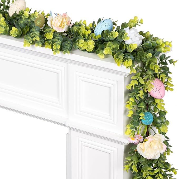 6FT Prelit Easter Garland with 20 LED Lights, Lighted Artificial Easter Egg Garland for Mantle, Battery Operated with 8 Mode Timer – Peony & Eucalyptus Accents