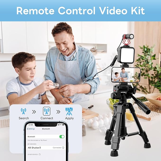 Vlogging Kit for iPhone, Android, Camera, Compatible with YouTube Starter Kit with Rechargeable LED Light + Microphone + Phone Clip + Aluminum Desktop Tripod for Vlogging, Instagram, TikTok