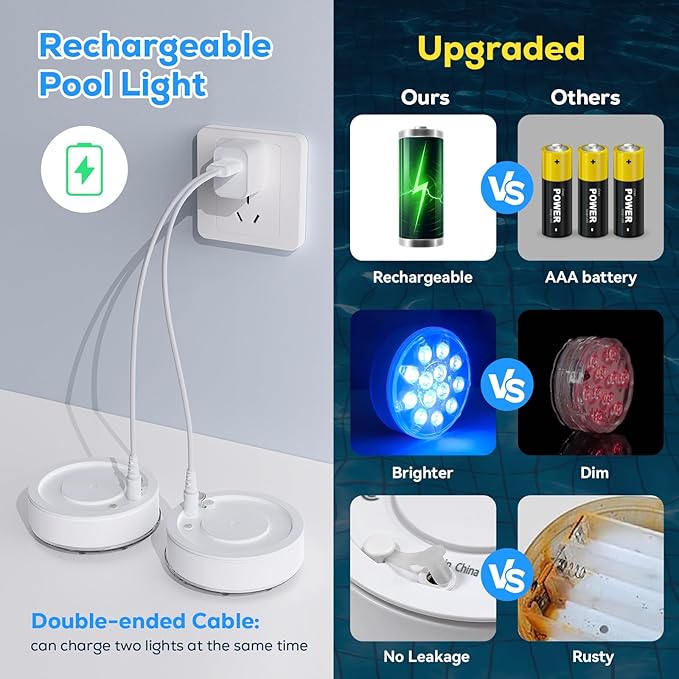 Rechargeable Pool Lights - 1 Pack, IP68 Waterproof Submersible LED Pool Lights with Remote, Underwater Pool Decor Light Accessories for Inground Pools, Above Ground Pools, Party Decoration