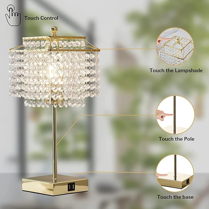 Luvkczc Crystal Touch Table Lamp, Bedside Lamps with with USB C+A Ports, Gold Bedroom Lamp, Dimmable Lamp with Crystal Shade, Nightstand Lamps for Bedroom, Living Room, Bulb Included