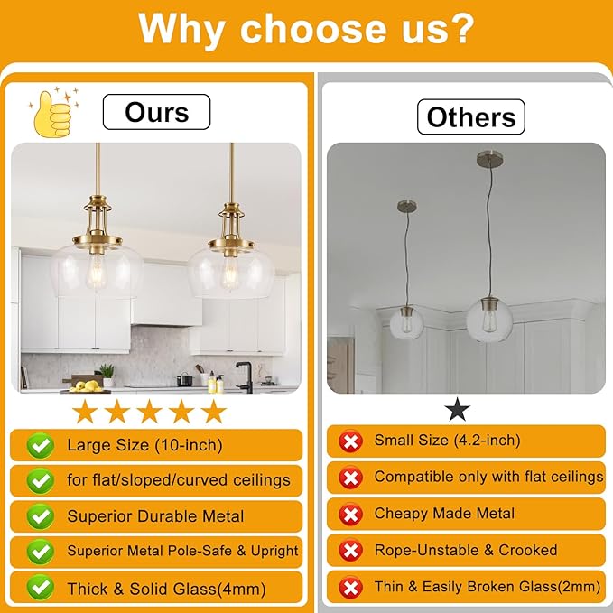 Modern Pendant Lights Kitchen Island, Brushed Gold Pendant Light Fixtures with 10" Clear Glass Shade, Industrial Hanging Pendant Lights Fixture for Kitchen Island Dining Room Bedroom Foyer Entryway