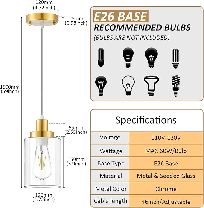 Industrial Pendant Lighting, Modern Clear Glass Shade Pendant Lights, Adjustable Hanging Light Fixtures, Farmhouse Pendant Lighting for Kitchen Island Living Room Bedroom Hallway 3-Pack (Gold)