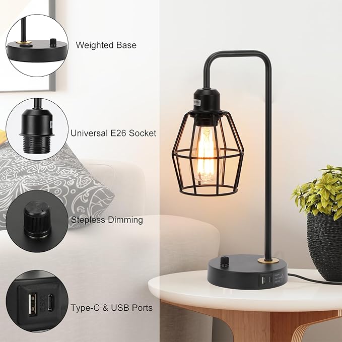Industrial Dimmable Table Lamps Set of 2, Modern Black Bedside Lamp with USB A+C Outlet Charging Ports, Farmhouse Lamp with Metal Cage Shade for Bedroom, Office, Living Room, Bulb Included