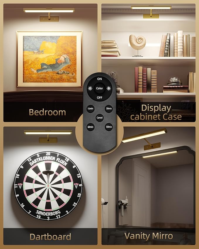 EZVALO Picture Light for Wall, 4800mAh Rechargeable Wireless Remote, Dimmable Magnetic LED Art Display Light with 3 Color Temperatures, for Gallery, Living Room, Bedroom, Hallway (Gold-2Pack)