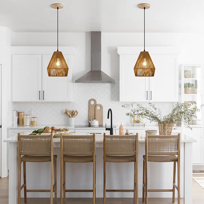 8.7'' Woven Rattan Pendant Light Fixture, 2 Pack Boho Pendant Lights Kitchen Island Lighting with Handwoven Wicker Shade, Natural Coastal Hanging Light Fixtures for Bedroom Dining Room Bar