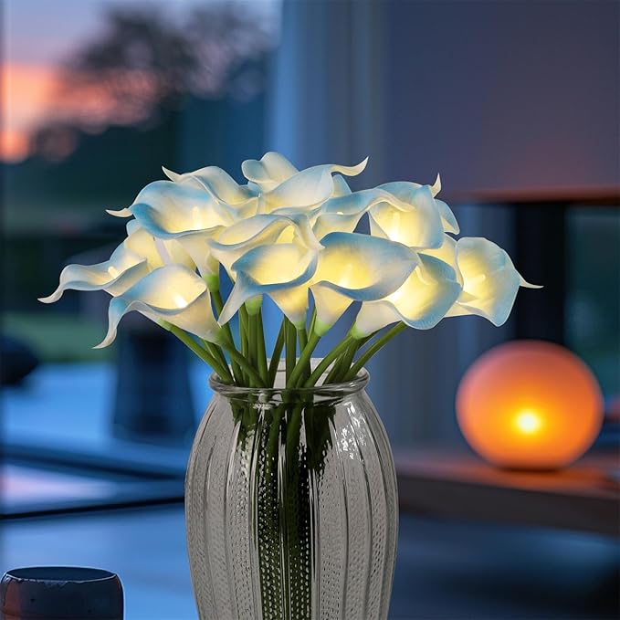 20pcs Lighted Artificial Calla Lily Bouquet Lamp Faux Floarl Night Light Real Touch Flower Night Lamp LED Calla Lily lighted Artificial Flower for Holiday Gifts Home Kitchen Decor(Light Blue, No Vase)
