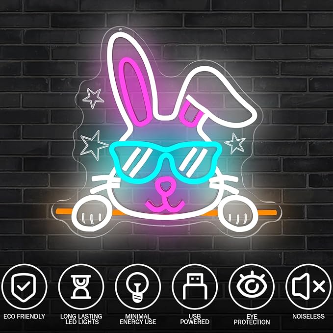 Bunny Neon Sign Happy Easter Neon Light for Home Dimmable Easter Decorations Neon Wall Art Glasses Rabbits LED light Sign for Bar Office Shop Bunny Window Lights Glow in The Dark Bunny