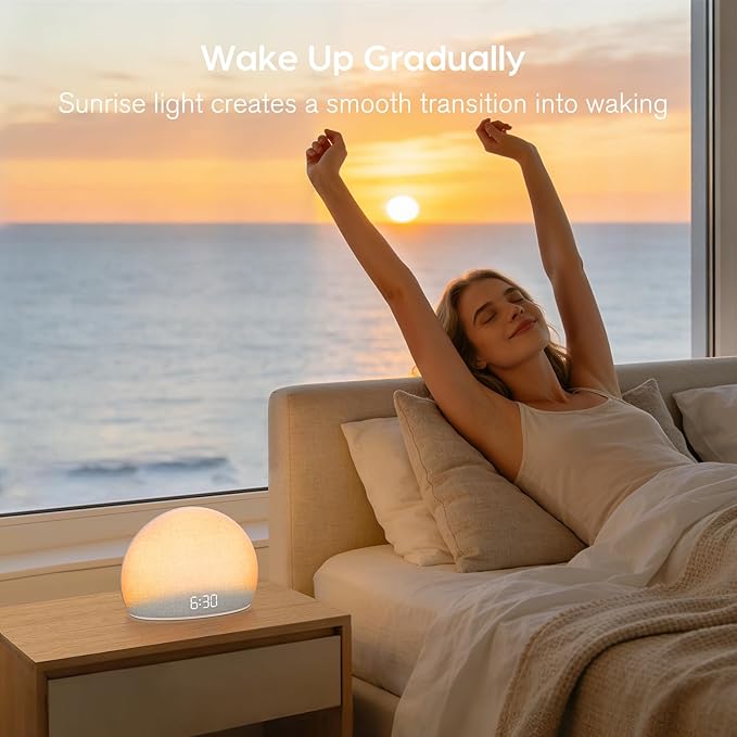 HOUSBAY Sunrise Alarm Clock with White Noise Sound Machine – Wake-Up Light for Bedroom, 5 Gentle Alarm Sounds, 20 Soothing Sleep Sounds, Dimmable Display, Phone-Free Bedside Clock