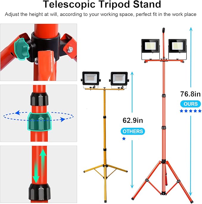 LEDMO 26000 Lumen Led Work Light with Tripod Stand 200W IP65 Waterproof Adjustable Angle Portable Led Work Floodlights with 76.8in Metal Telescoping Tripod for Warehouse, Yard, Job site