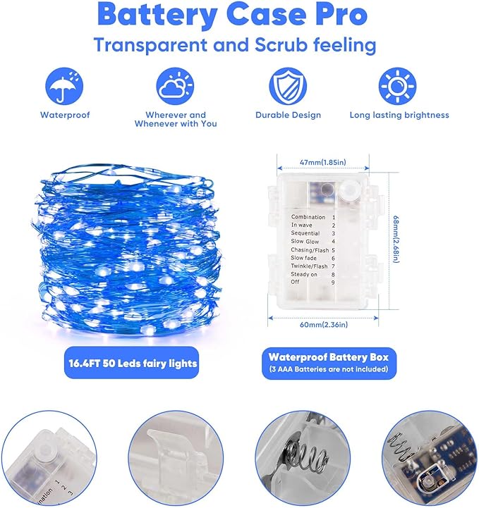 2 Pack 16.4 Ft. Battery Operated Outdoor String Lights with Remote & Timer, LED Blue Fairy Lights, Waterproof Twinkle Lights for Bedroom, Dorm, Mason Jar, Wedding, Party, Christmas