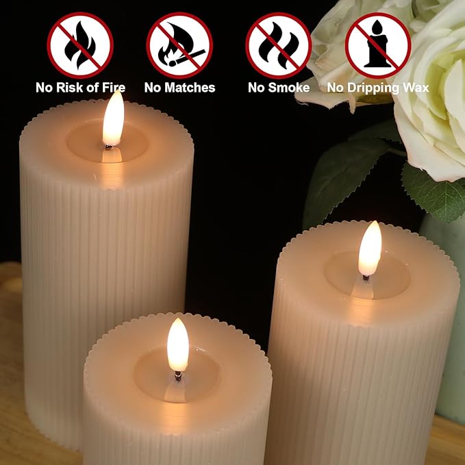 Eldnacele Vertical Stripe Pillar Flameless Candles with 6 Hours Timer, Battery Operated 3D Wick Flickering Warm Lights Real Wax Gray LED Candles Dinner Indoor Holiday Christmas Decor(3Pcs,3"×5"/6"/7")