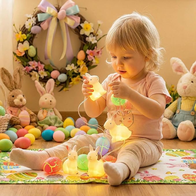 SWEETIME Easter Egg Bunny Lights,9.84 ft Cracked Egg Window String Lights,Battery Powered Colorful Eggs String Light for Home Bedrooms Window Tree Indoor Outdoor