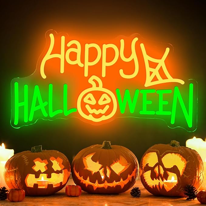 Happy Halloween Neon Sign, LED Halloween Light Up Decor Web Pumpkin Neon Signs for Wall Bedroom Home Bar Halloween Party Decor Halloween Present for Trick or Treat Party Backdrop