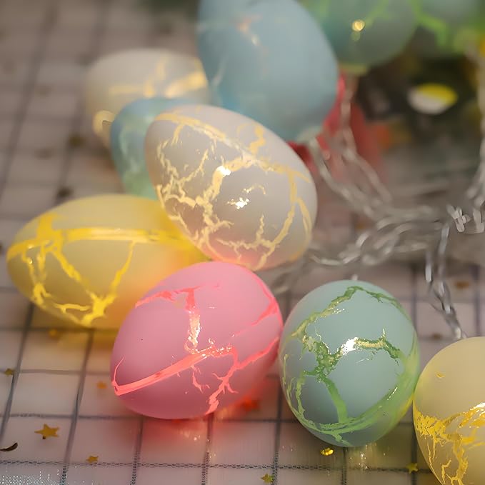 SWEETIME 20 Pcs Easter Egg Lights, 9.84 ft Cracked Egg String Light,Battery Powered Rainbow Lights for for Easter Decor