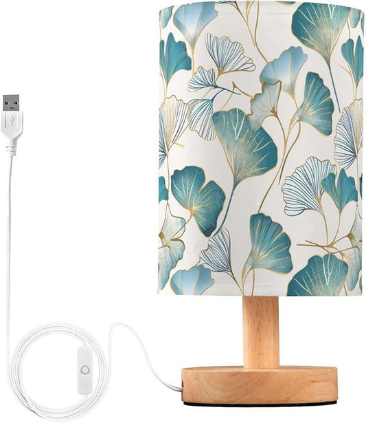 Fustylead Gold Teal Ginkgo Leaves Table Lamp for Bedroom USB Port Lamps Small Accent Table Lamp Nightstand Lamp Study Linen Shade with Wooden Base, Decorative Lamps for Bedside Reading|Kids|Dorm|Home