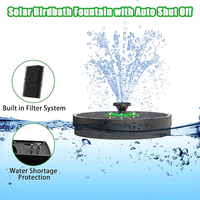 Yzert Solar Water Fountain with 2200 mAh Battery, 3.5W Glass Solar Fountain Pump Colorful LED Lights, Floating Solar Bird Bath Fountains with 4 Fixers & 7 Nozzles for Garden, Outdoor, Pond, Pool