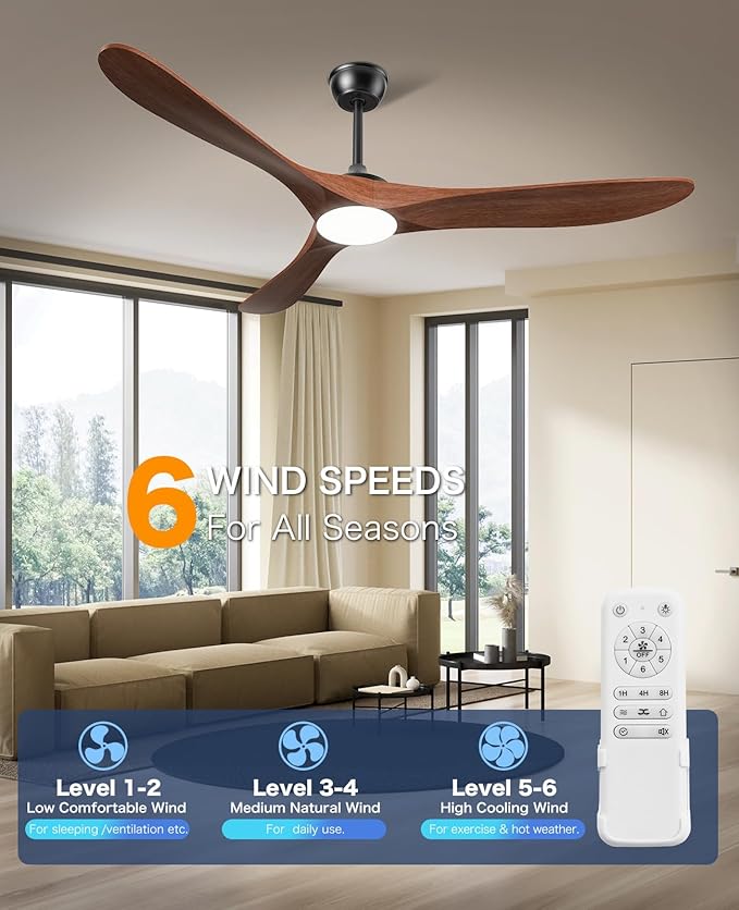 Ceiling Fans with Lights and Remote, 3 Solid Wood Blades, Outdoor Wooden Ceiling Fan with 2 Downrods for Patios, 60 Inch Modern Ceiling Fan with Noiseless Reversible DC Motor (Dark Walnut)