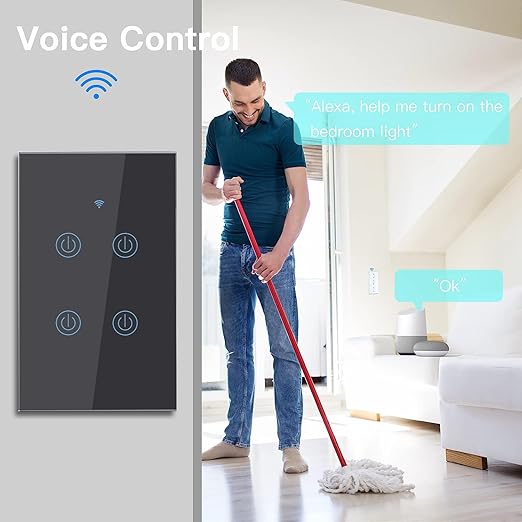 BSEED Smart Light Switches, 4 Gang Alexa WiFi Switch with Smart Life App Control and Timer Function, Black Touch Single Pole Switch Compatible with Alexa and Google Assistant