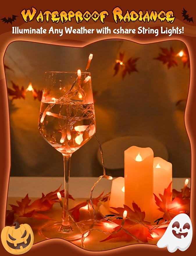 Halloween String Lights Battery Operated With Timer - 9.8ft 30LED Orange Waterproof Lights for Outside Decorations, Party, Yard, Pathway, Indoor and Outdoor